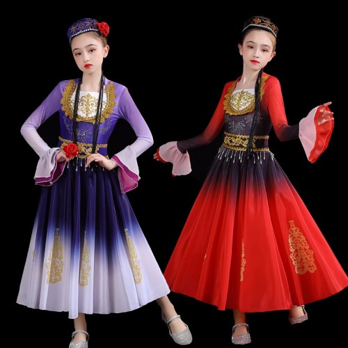 Children girls Xinjiang dance dresses for kids red purple gradient color ethnic minorities Uighurs dance costumes for kids